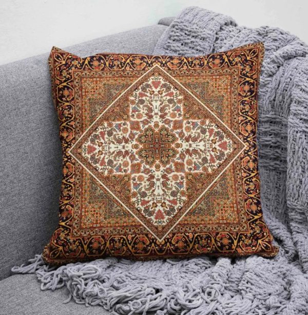 کاور کوسن طرح فرش ترنج سنتی قهوه‌ای کرم - Image 2